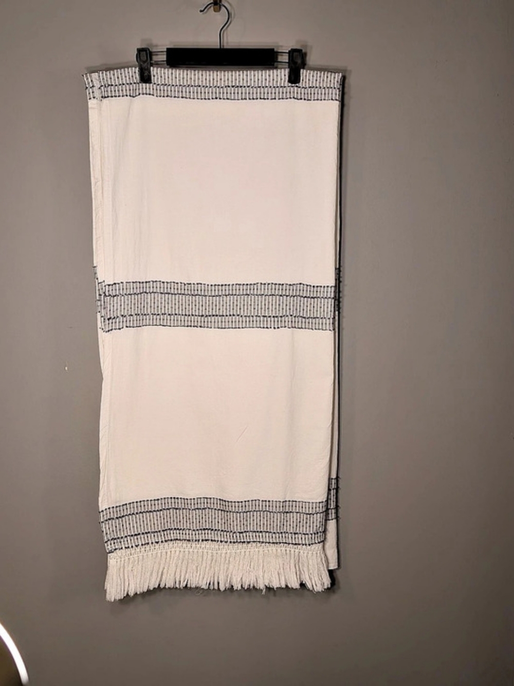 Hearth And Hand Striped 100% Cotton Shower Curtain in White & Gray With Fringe